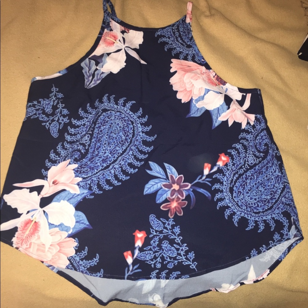 Dark Blue Random Paisley Print Halter Design Camis